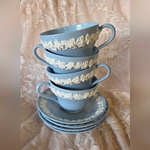 Wedgwood Queensware Embossed Blue Teacup Set Of 4